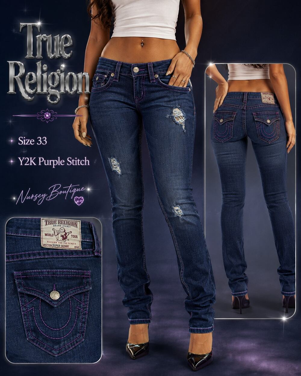 True Religion Section Super Skinny Jeans 33 Dark Wash Purple Stitch